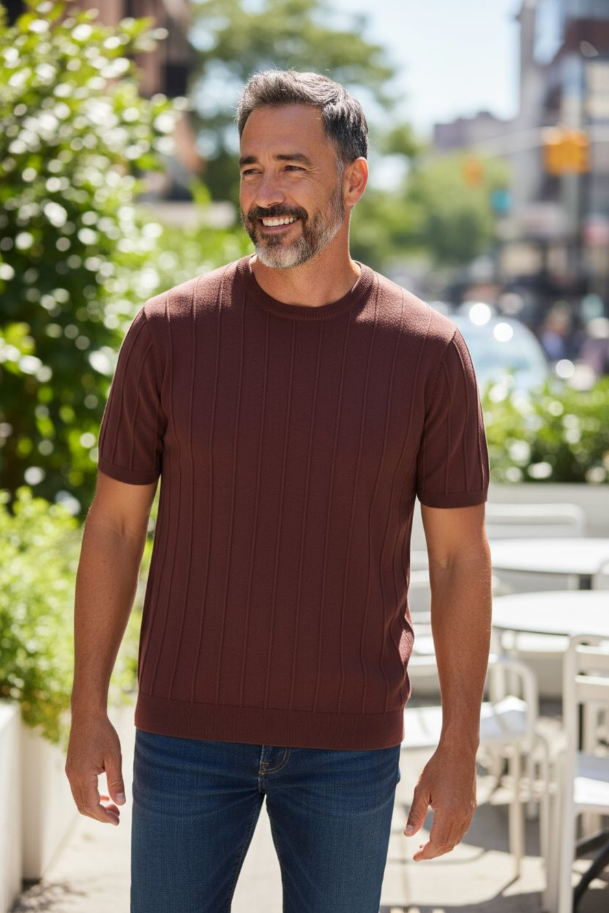 NWT COOFANDY Men's Ribbed Knit Short-Sleeve Sweater Color: Burgundy Size: XL